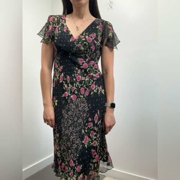 Vintage Y2K Black & Pink Ruffle Flutter Sleeve V-neck Midi Dress Size 8 - Picture 4 of 10